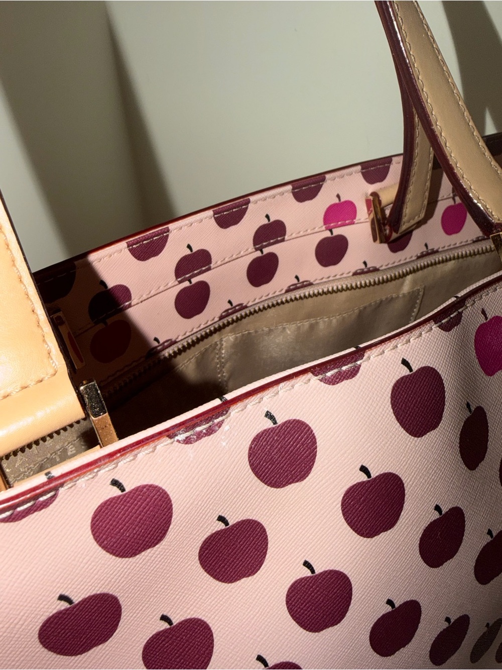 kate spade Pink Apple Print Tote with Tan Handles - Picture 4 of 9